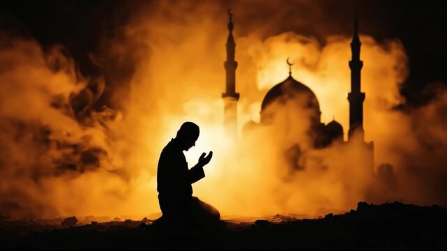 Muslim Prayer Silhouette Mosque in Dreamy Orange Mist at Night.