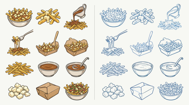 A collection of illustrations depicting the preparation and components of poutine, a Canadian dish.
