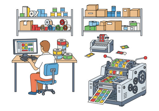 Printing operation with a designer working on a computer and machinery producing labels