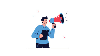 Fototapeta premium Man in blue shirt holding clipboard and shouting through red megaphone for important announcement or promotion on plain white background.