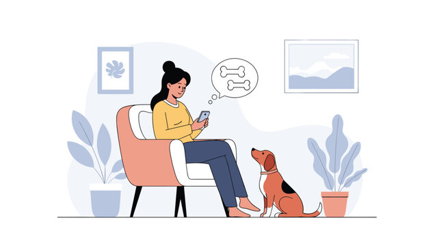 Relaxed woman sitting in a stylish armchair using her smartphone while her loyal beagle dog sits nearby waiting for attention.