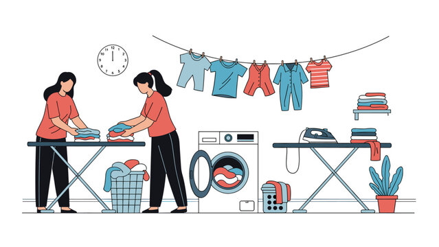 Domestic chores scene with two women folding clothes, using a washing machine, and ironing in a modern laundry room.