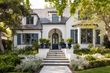 Fototapeta premium Cottage design with white walls and green plants shows a welcoming entrance with steps and large flower pots outside in bright daylight