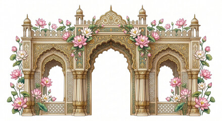 Ornate golden gateway featuring floral arrangements and intricate arches ideal for design projects on transparent background high-quality