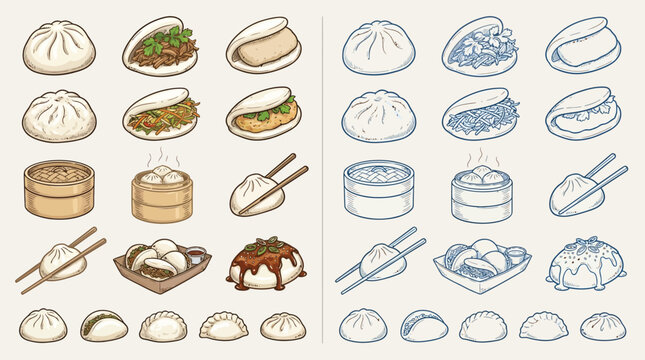 Collection of various Asian dumplings and steamed buns, presented in both colored and outline styles.