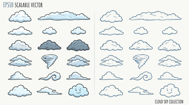 Collection of various cartoon-style cloud illustrations, including different shapes, sizes, and some with faces, alongside a tornado graphic.