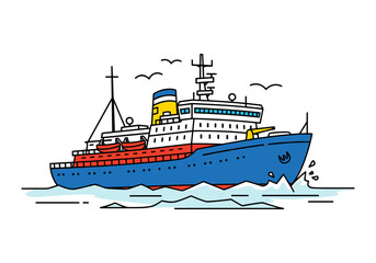 Obraz premium Stylized illustration of a blue and red icebreaker ship navigating through choppy waters