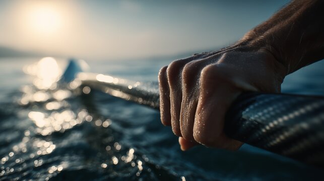 Athlete hand gripping rowing oar on water at sunrise