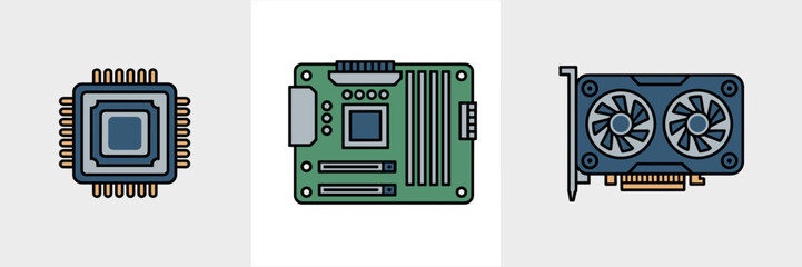 Tech hardware vector set with GPU and processor - Great for gaming sites.