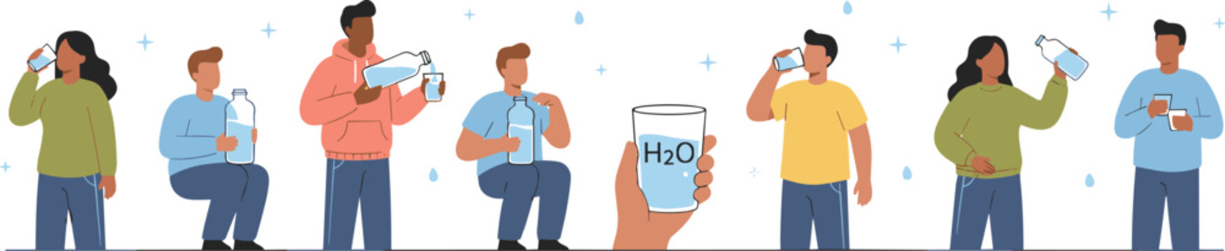   
Cartoon people drinking water with bottles, glasses, cups, and central H₂O symbol in healthy hydration design
