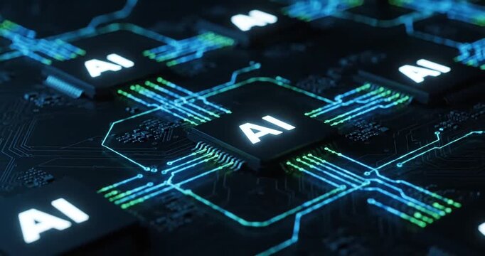 Close-up view of AI circuit board with glowing nodes and intricate connections, emphasizing technology