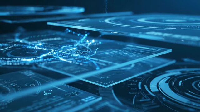 Futuristic digital interface with glowing blue data streams holographic screens, for big data analysis, artificial intelligence, complex system management, technological innovation