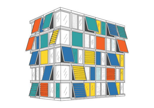 Modern building facade with colorful, modular windows and louvers in a geometric pattern