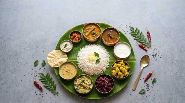 Traditional South Indian Thali on Banana Leaf Overhead