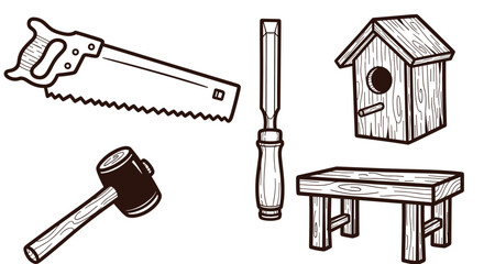Fototapeta premium Set of wooden carpentry tools and handmade birdhouse and bench illustration