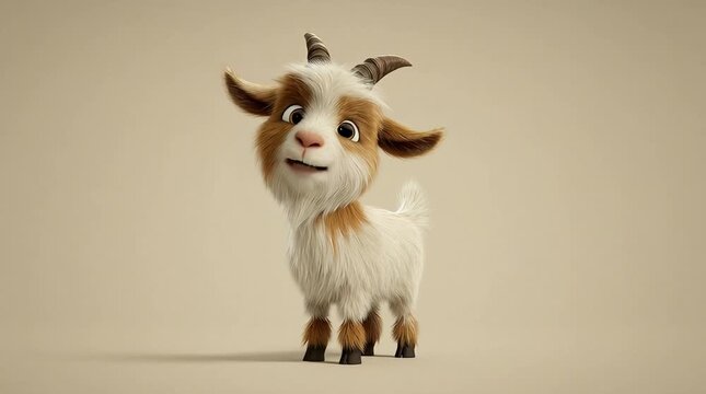 3D Cartoon Cute Goat with Brown White Fluffy Fur on Beige Background for Animal Art