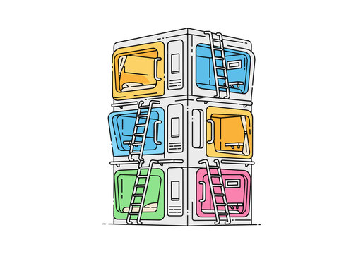 Modern capsule hotel pods stacked vertically with colorful interiors and ladders