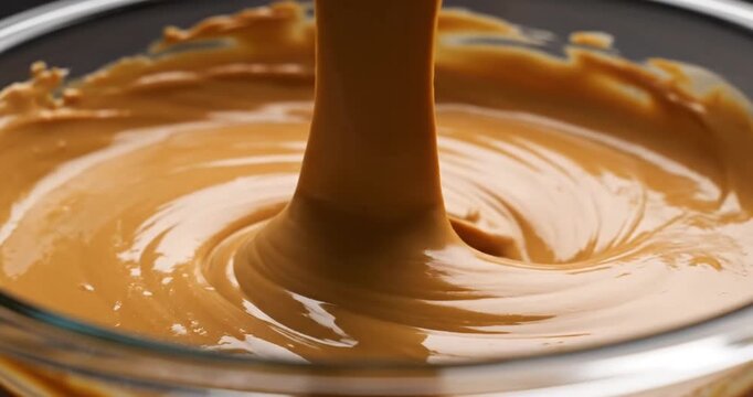 Creamy peanut butter being stirred in a glass bowl, showcasing its smooth texture and rich color