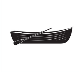 Black and white illustration of a traditional wooden rowboat with oars