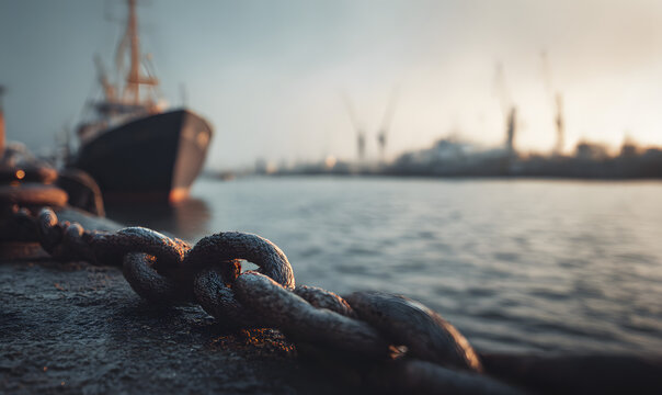 chain against the backdrop of a seaport