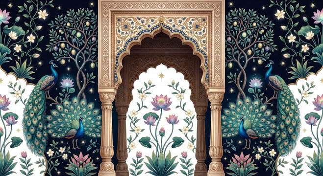 An ornate detailed mughal archway featuring peacocks floral motifs and a central lotus flower on transparent background