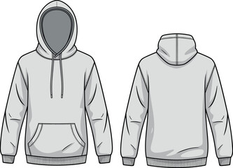 Technical Flat Sketch of a Men's Classic Pullover Hoodie Featuring a Kangaroo Pocket Drawstring Hood and Ribbed Trim for Fashion Design and Manufacturing © JHURUL