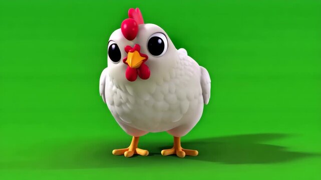 Animated White Chicken With Expressive Eyes Standing on Bright Green Background