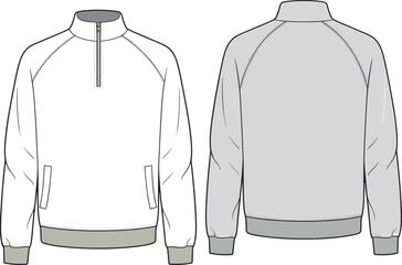 Technical Flat Sketch of a Men's Quarter Zip Fleece Pullover Featuring Raglan Sleeves Standing Collar and Side Pockets for Fashion Design and Tech Packs © JHURUL