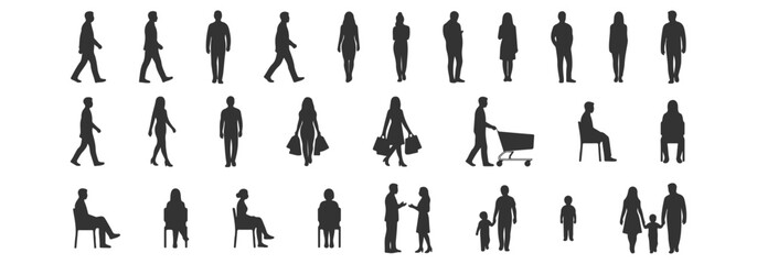 People silhouette mega collection with walking standing sitting shopping pushing cart talking couples and families with children black human figure vector set © MkJutt