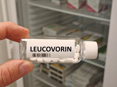 Box of LEUCOVORIN tablets on a hospital pharmacy table used to reduce methotrexate toxicity a folinic acid supplement
