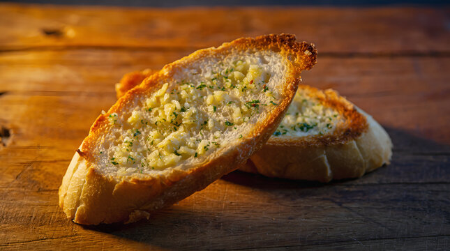 Delicious golden garlic bread slices with fresh herbs on a rustic wooden table