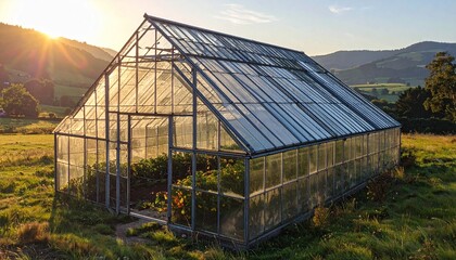 Obraz premium Large greenhouse with transparent panels in rural landscape at sunset, rows of green plants inside, grassy fields, rolling hills, and distant mountains, warm glow symbolizing sustainable agriculture.