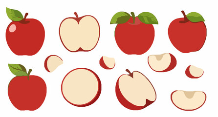 Red apple cartoon fruit collection with slices halves and fresh snack icons