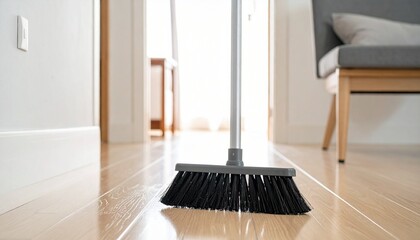 "Broom on wooden floor in tidy home"