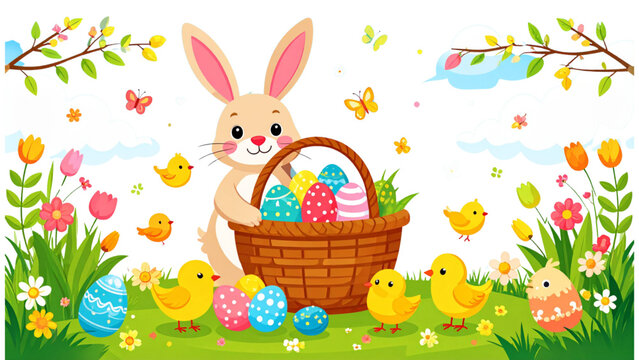 Cute easter bunny characters with eggs basket flowers chicks and spring elements cartoon vector illustration set