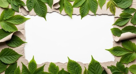 Fototapeta premium Green Leaves Frame on Torn Paper - Nature, Blank Space, Eco-Friendly Concept