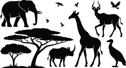 African safari wildlife silhouettes with elephant, giraffe, rhinoceros, antelope, birds and acacia trees, savanna nature animals illustration © MdAminul