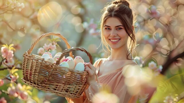 Tracking shot of woman holding basket of painted eggs in blooming orchard during golden hour morning light