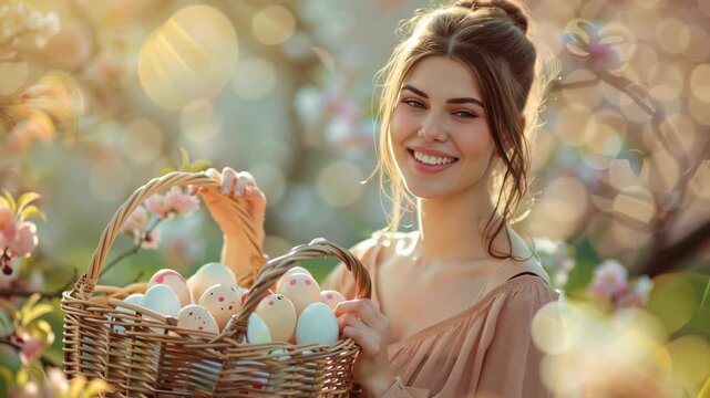 Tracking shot of woman holding basket of decorated eggs in flowering orchard during golden hour with gentle pan and soft bokeh background