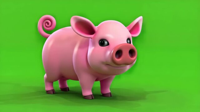 Cartoon-Style Pink Pig Standing on Bright Green Background in Playful Atmosphere