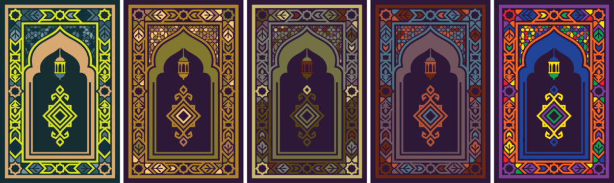 Muslim Janamaz Rug Design Islamic Prayer Mat Colorful with Mihrab Arch, Flat 2D, Illustration Collection