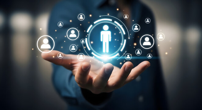 A person interacting with a glowing digital interface of interconnected people icons