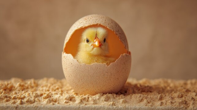 macro photography of a baby chick hatching from egg inside incubator, cracked shell with tiny yellow chick visible, warm soft light, farming
