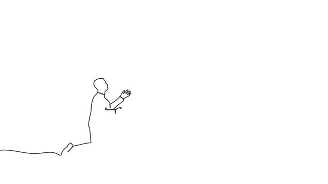 Silhouette of man in prayer pose. Man and symbol of yen currency. Concept of Japanese economy and finances. Continuous line drawing animation.
