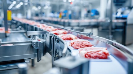 Obraz premium modern meat processing production line handling different types of meat products in food factory, stainless steel equipment and conveyor belts, clean