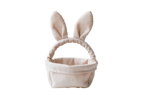 Charming light beige fabric Easter bunny ear basket, a delightful empty container isolated on transparent background, perfect for spring holiday celebrations and egg hunts PNG