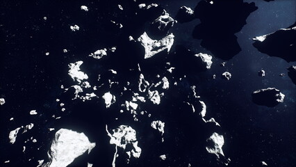 calm serene solitude among drifting asteroids under soft starlight, tranquil blue palette, slow float of fragments, deep sense of quiet contemplation and cosmic © icetray