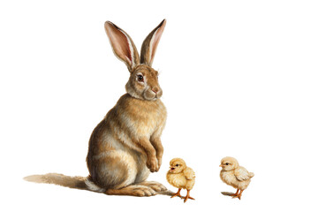 Fototapeta premium Realistic brown rabbit and two fluffy yellow chicks standing together, isolated PNG on transparent background, perfect for Easter and spring designs