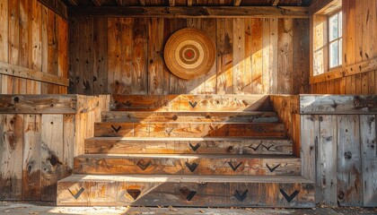 Rustic wooden interior with staircase featuring chevron risers, circular target mounted on wall, sunlight streaming through window casting dramatic beam, warm cabin-like atmosphere with light and shad