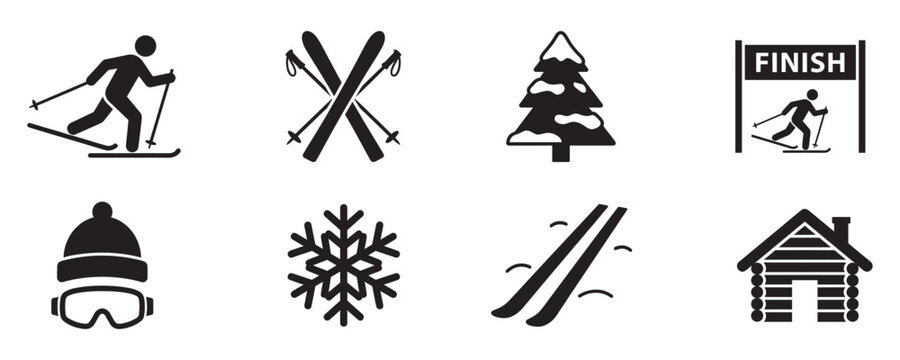 Winter skiing and alpine recreation icon set. Skier, equipment, snowy landscape, finish line, and mountain chalet silhouettes. Vector Illustration.